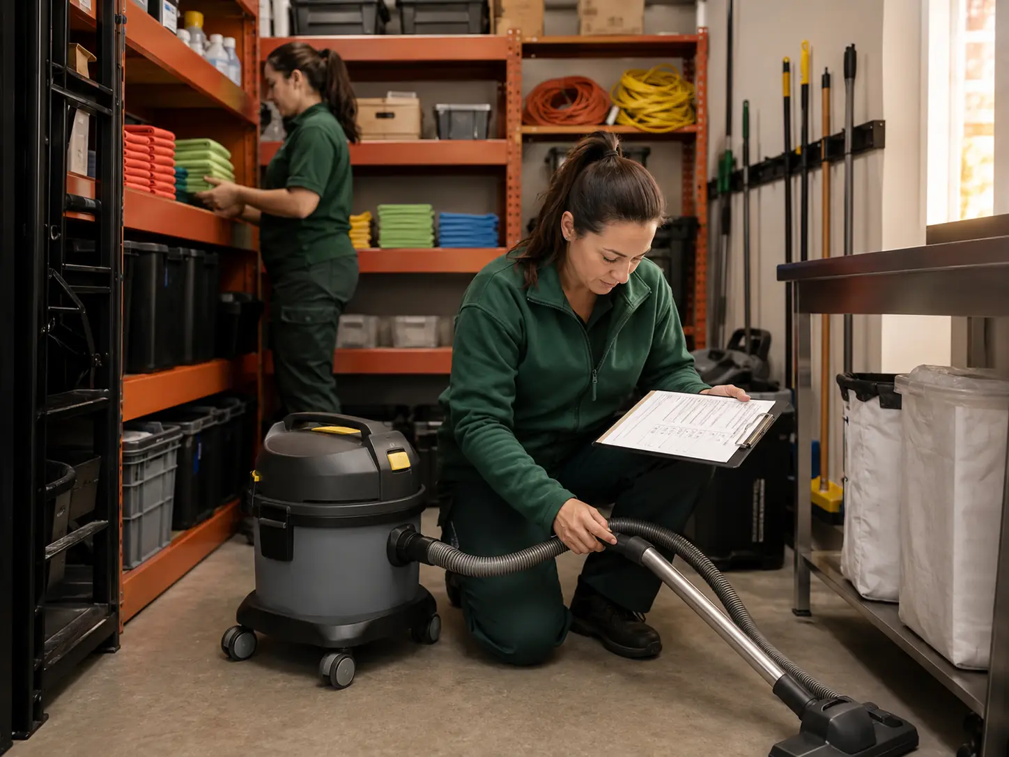 A NEATFIELD team member kneeling beside a vacuum in a stores room, checking equipment against a printed schedule while a colleague sorts colour-coded cloths on the racking behind.