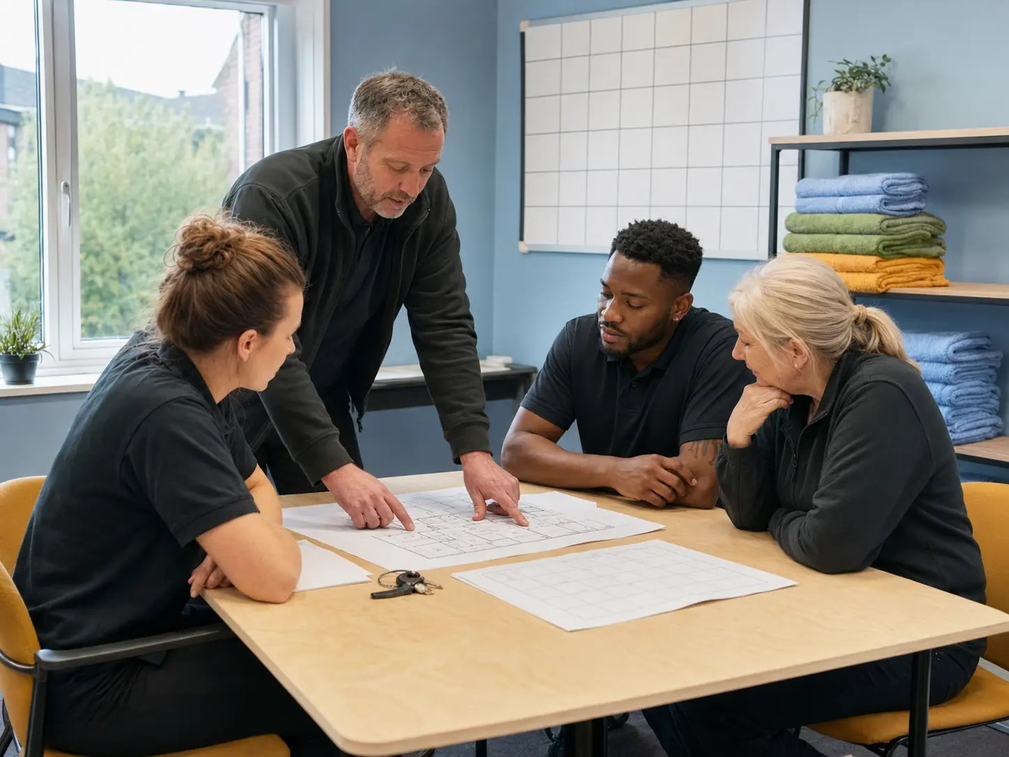 Four NEATFIELD team members gathered around a table studying floor plans together, with a wall planner behind and stacks of colour-coded cloths on the shelving.