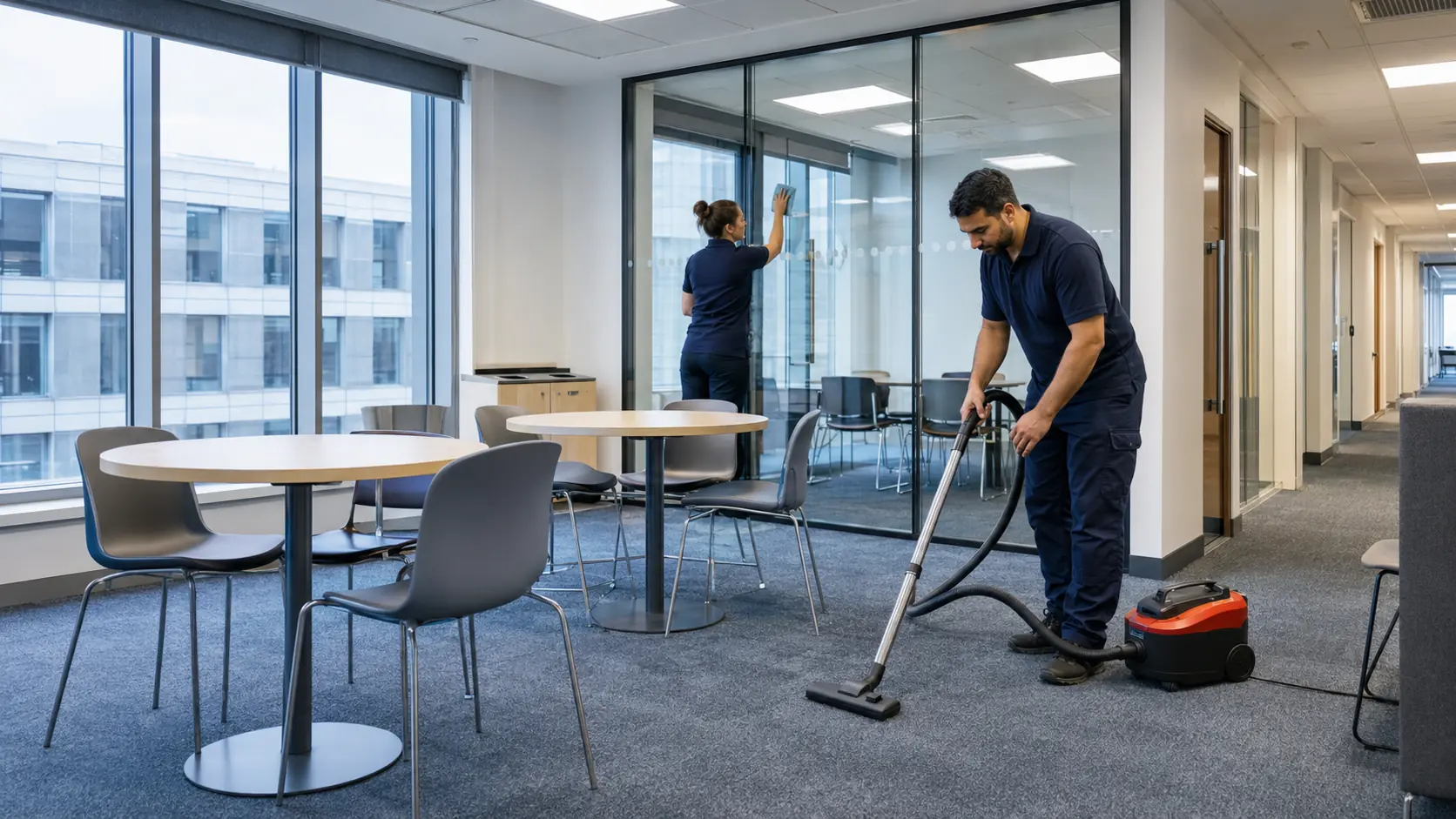 Two operatives cleaning an office breakout area — one vacuuming between the tables, the other detailing a glass meeting room partition.