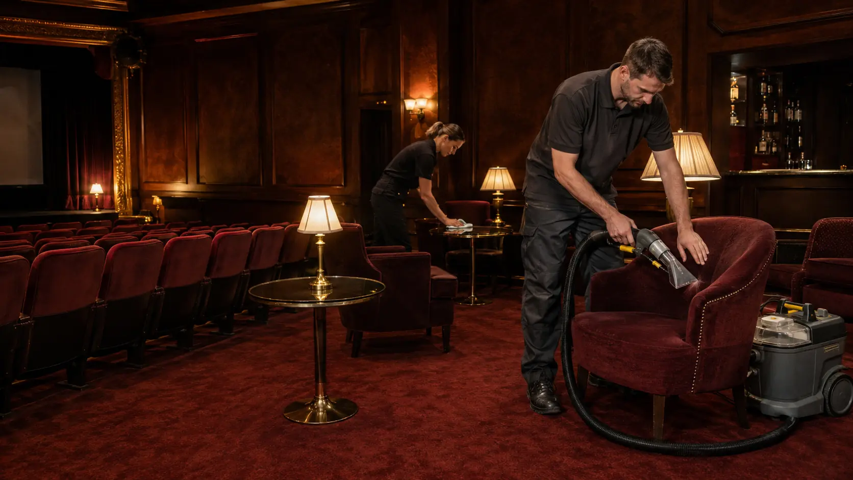 Two operatives working in a wood-panelled auditorium bar after hours — one extraction-cleaning a velvet armchair, the other detailing a brass table.