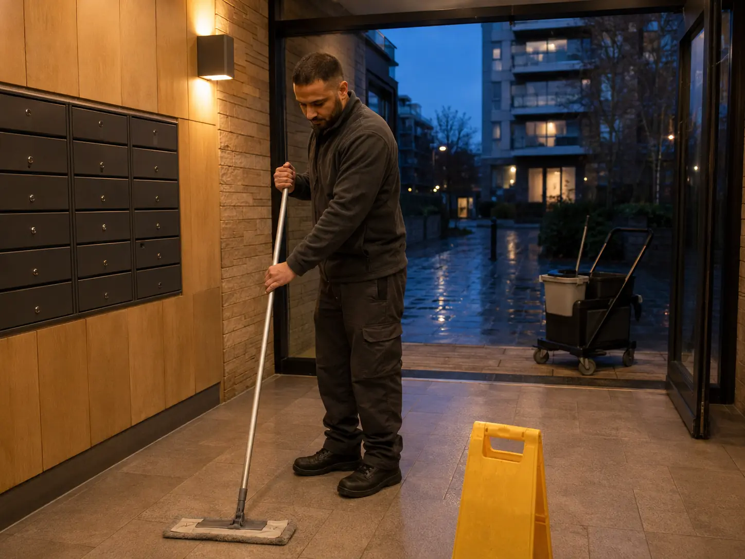 An operative flat-mopping the tiled entrance lobby of a residential block beside the post boxes, with a wet floor sign in place.