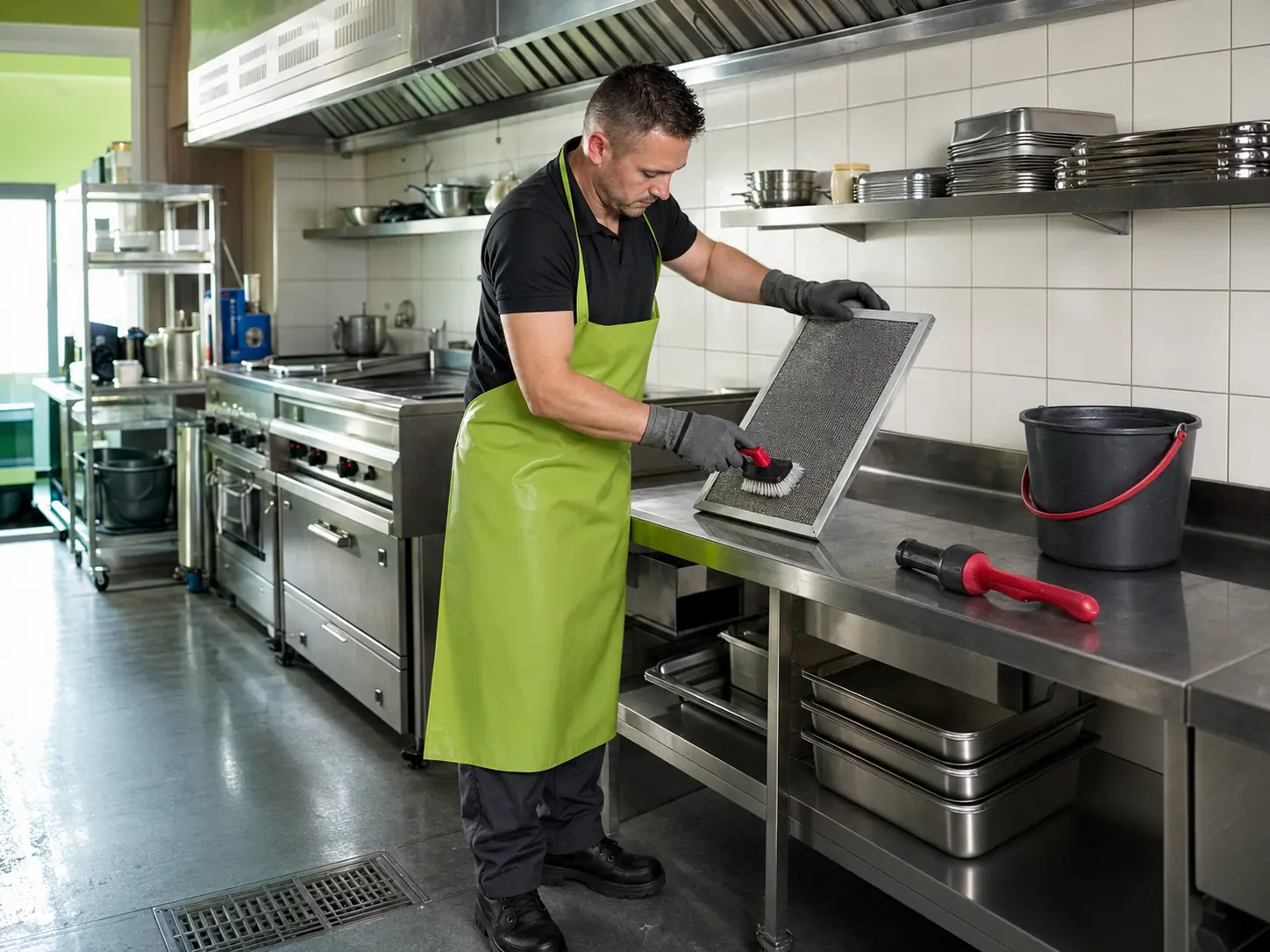 An operative in an apron scrubbing an extraction filter in a stainless steel commercial kitchen.