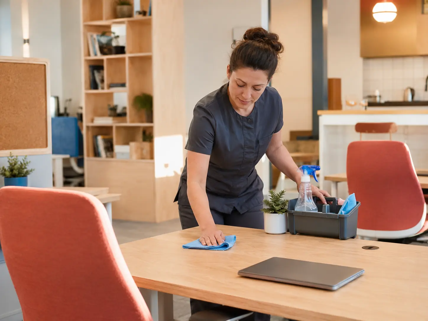 A cleaning operative wiping down a shared desk beside a tidy office breakout area.