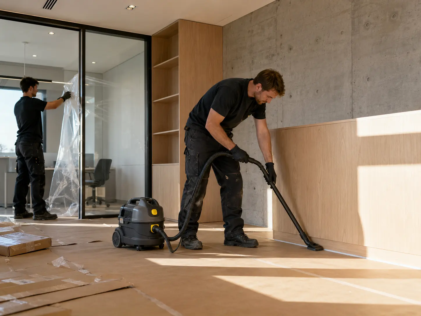 Two operatives removing protective sheeting and vacuuming construction dust in a newly fitted office interior.