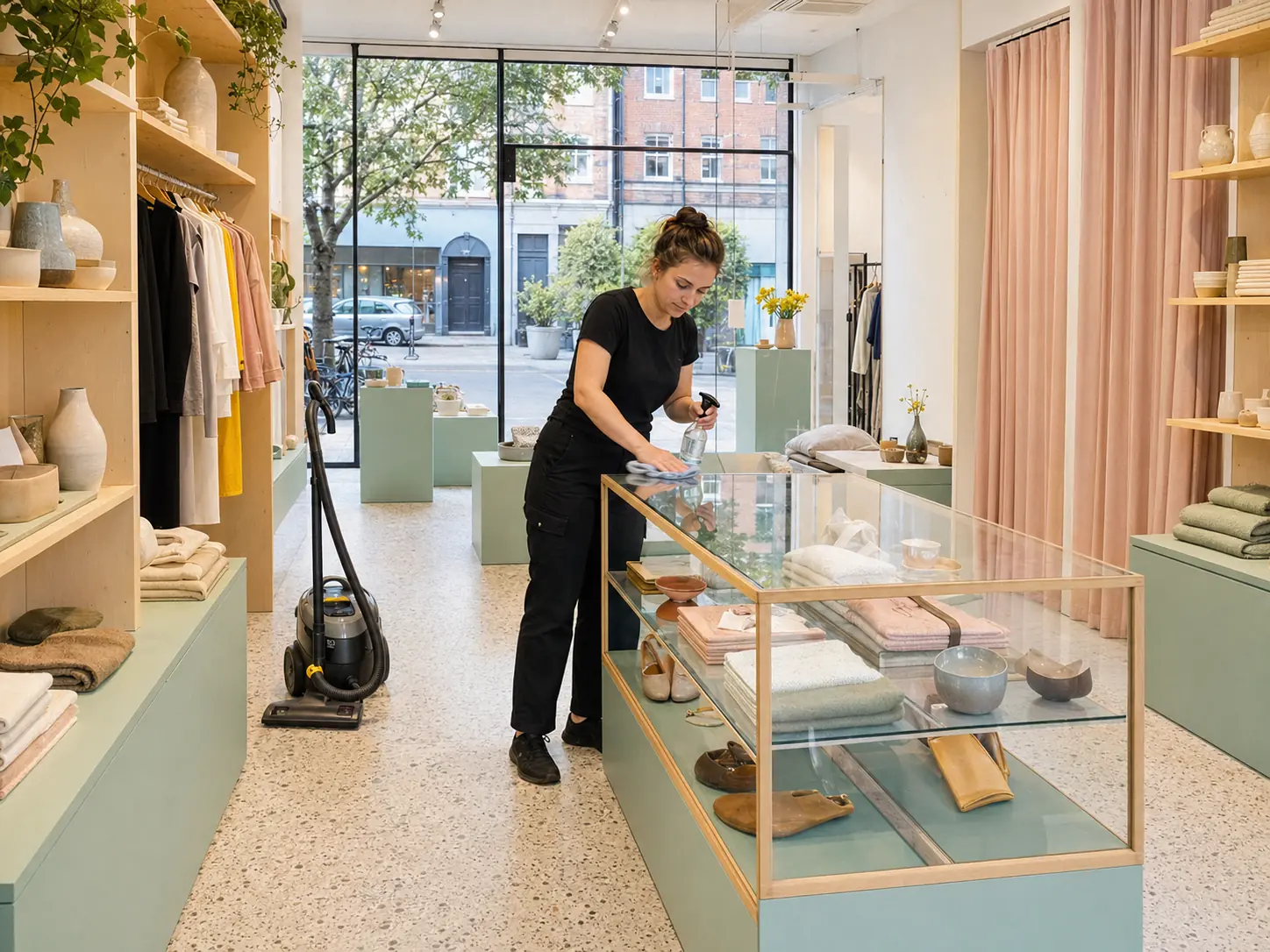 A cleaning operative polishing a glass display cabinet in a light, carefully merchandised retail shop.