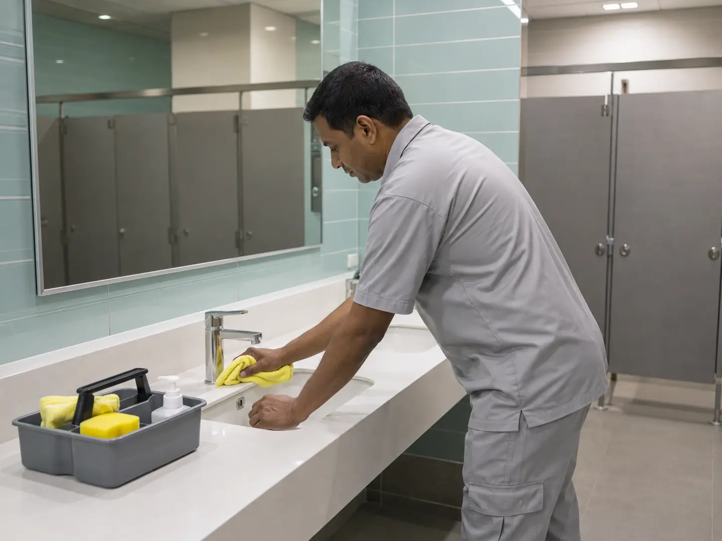 An operative cleaning a washbasin and vanity surface in a commercial washroom.
